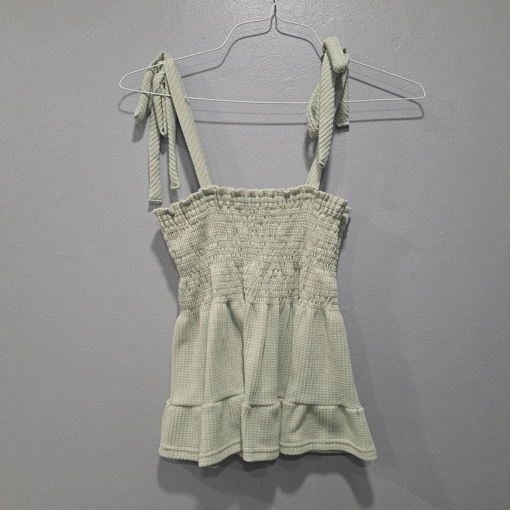 Paper Crane Sage Green Waffle Knit Smocked Tie Shoulder Peplum Cami Top Large